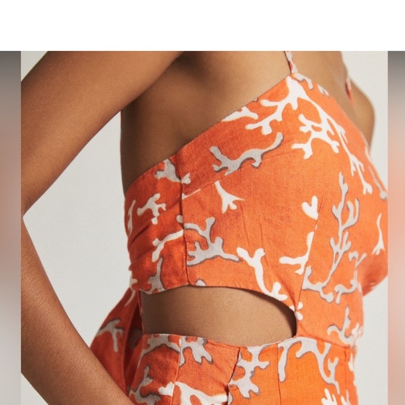 MAEVE anthro size 4 Rivera orange coral print cutout linen wide leg jumpsuit 4 - Picture 4 of 7